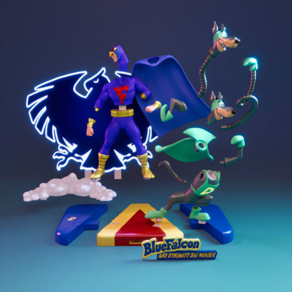 Blue Falcon and Dynomutt Dog Wonder resin print vignette with logo base and glowing backdrop, includes extra Dynomutt head and arms (UEL Winner)
