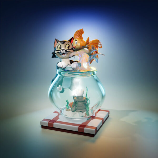Figaro and Cleo resin print diorama by UEL Winner featuring a kitten on a fishbowl with a leaping goldfish