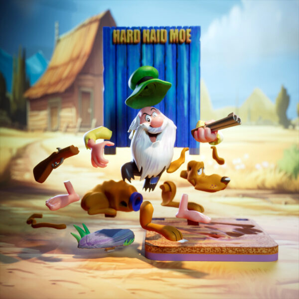 Hard Haid Moe stylized cartoon character with shotgun and hound dog on scenic base, UEL Winner resin print