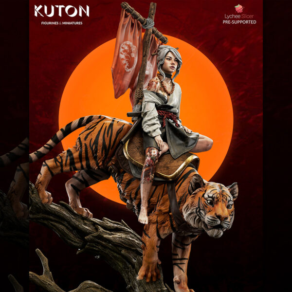 Kuton Sculpts Kohana and Raion original fantasy 1/10 scale resin print diorama with tiger and tree base, unpainted kit.