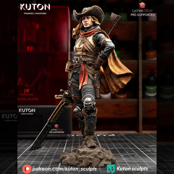 Crankshot 1/10 scale resin print by Kuton Sculpts, sci-fi gunslinger figure with hat and oversized blade.