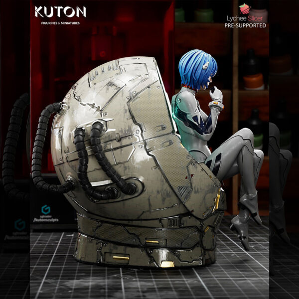 Rei Ayanami 1/10 scale resin print by Kuton Sculpts, seated figure with sci-fi pod base.