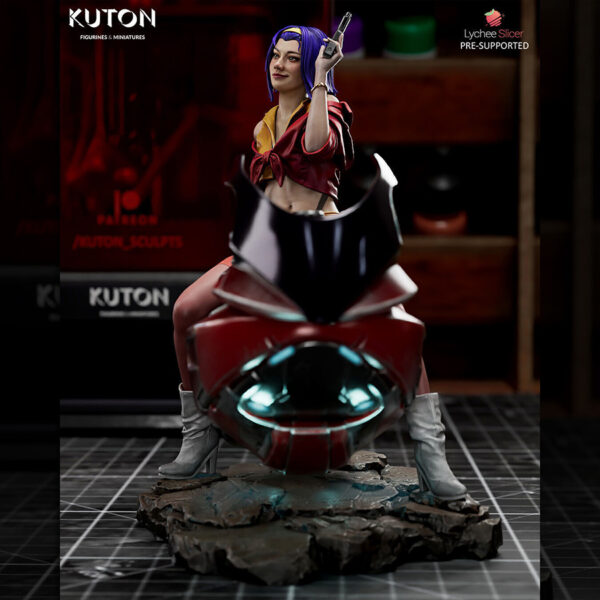 Faye Valentine 1/10 scale resin print by Kuton Sculpts, seated on sci-fi motorcycle base.