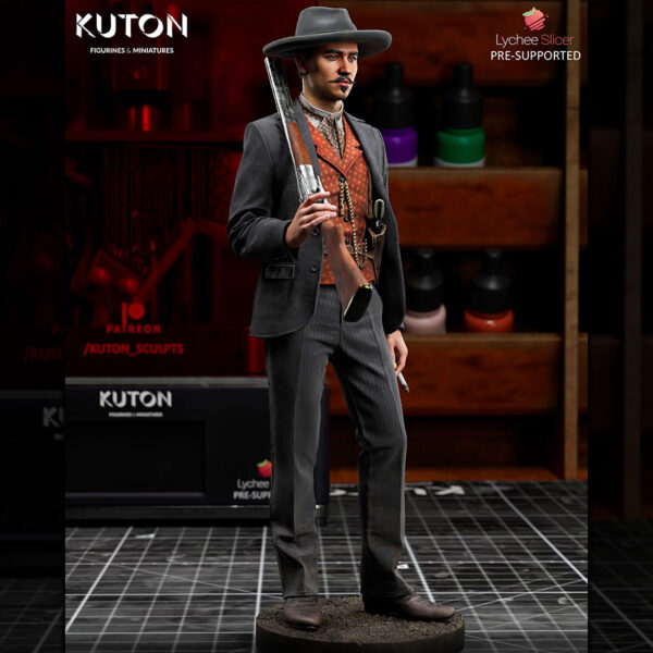 Doc Holiday resin figure by Kuton Sculpts with hat, suit details, and long gun on a round display base