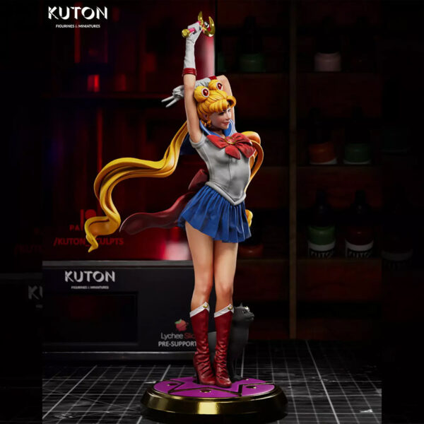 Sailor Moon resin print by Kuton Sculpts with flowing twin-tails and wand pose, available as 1/10 scale figure or 1/9 scale bust