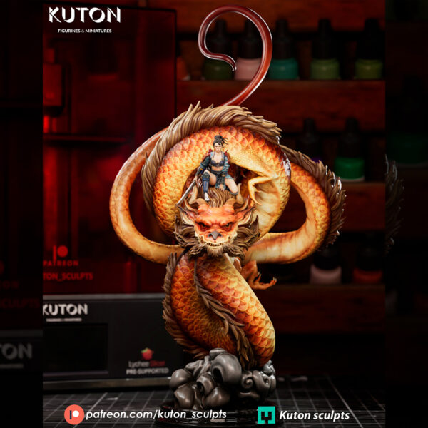 Ember Rider resin print by Kuton Sculpts, 1/9 scale fantasy dragon and rider statue on a rocky base