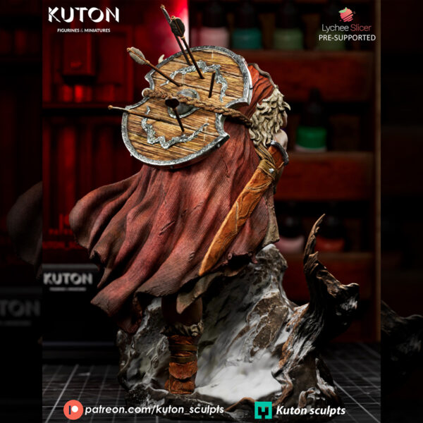 Draven by Kuton Sculpts, 1/10 scale resin print warrior crouched on a rocky base with sword, cloak, and ram skull trophy