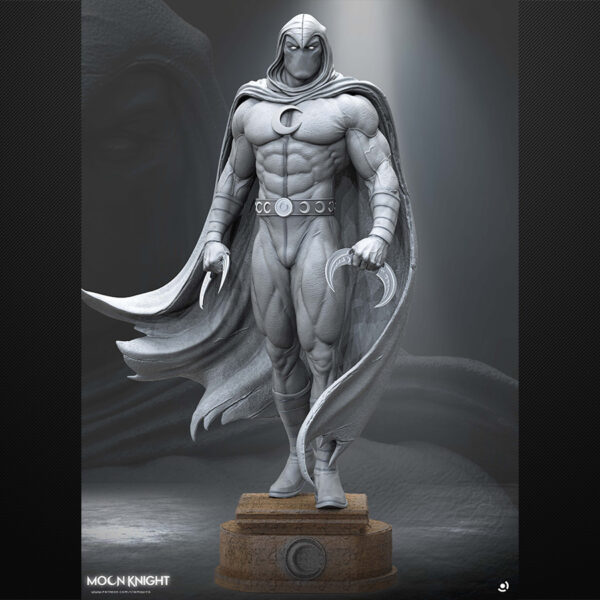 Moon Knight unpainted resin figure with flowing cape and crescent blades on a round pedestal base.