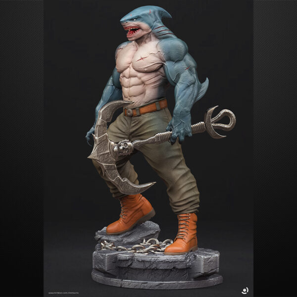 King Shark unpainted resin figure with muscular build, scars, and wide-open jaws.