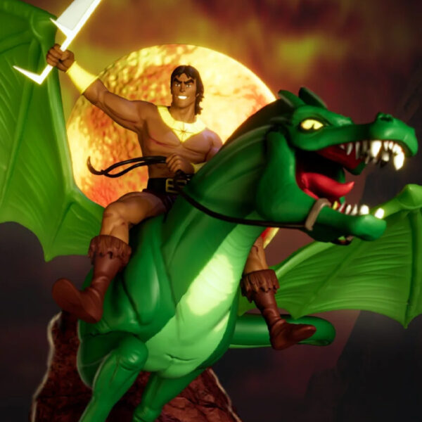 Blackstar diorama resin print by HLI3DFX from UEL Winner design, featuring rider on flying dragon over a rocky display base with logo sign, approx. 11.5 inches tall