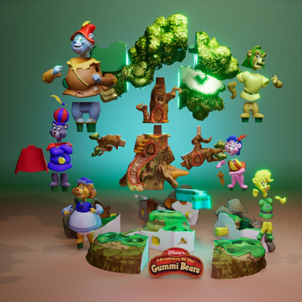 Gummi Bears resin 3D print diorama group scene with tree backdrop and logo sign, 13.5 inches tall (UEL Winner).