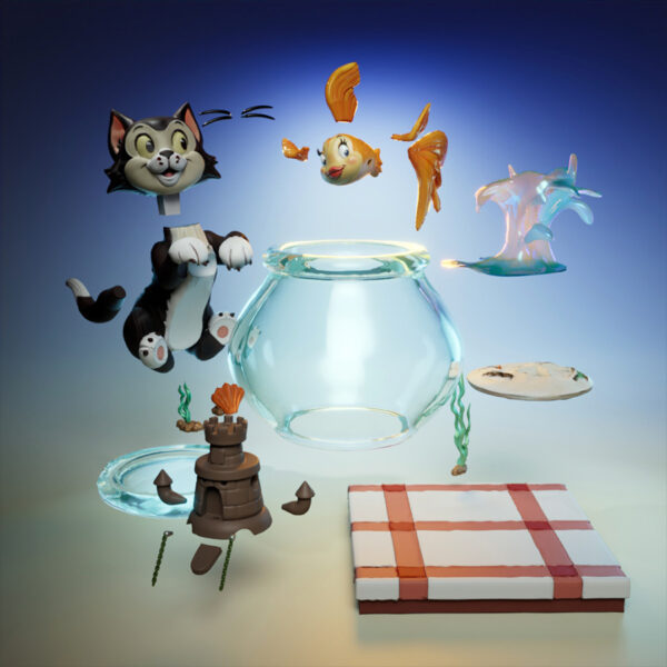Figaro and Cleo resin print diorama by UEL Winner featuring a kitten on a fishbowl with a leaping goldfish