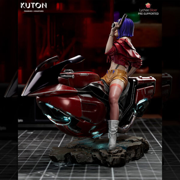 Faye Valentine 1/10 scale resin print by Kuton Sculpts, seated on sci-fi motorcycle base.