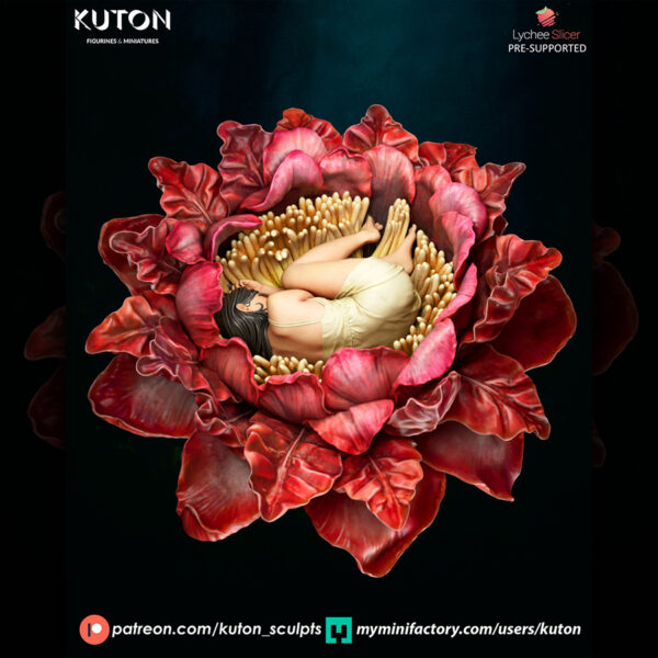 Himlay 1/10 scale resin print by Kuton Sculpts, sleeping figure curled inside a large flower.