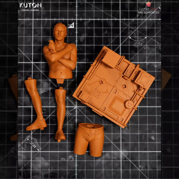 Roy Batty resin print by Kuton Sculpts with 1/10 scale figure option and 1/9 scale bust option shown on a sci-fi display base