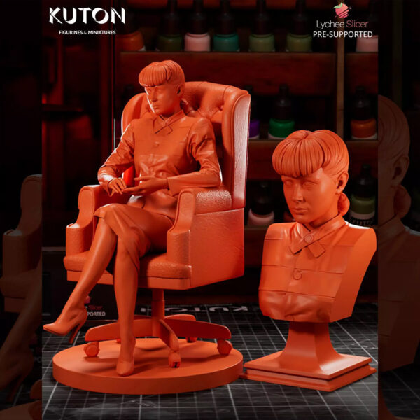Rachael inspired by Blade Runner resin print by Kuton Sculpts seated in an office chair, available as 1/10 scale figure or 1/9 scale bust