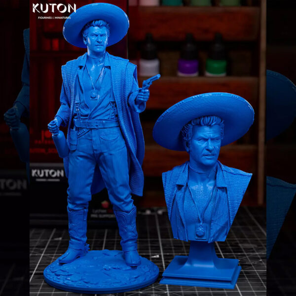 Tuco Ramirez “The Ugly” by Kuton Sculpts, resin print in 1/10 scale figure or 1/9 scale bust, western outlaw with sombrero, poncho, and revolver stance on a rocky base