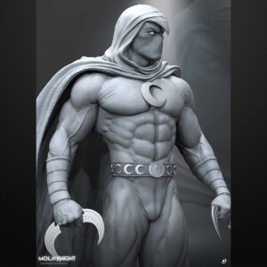 Moon Knight unpainted resin figure with flowing cape and crescent blades on a round pedestal base.