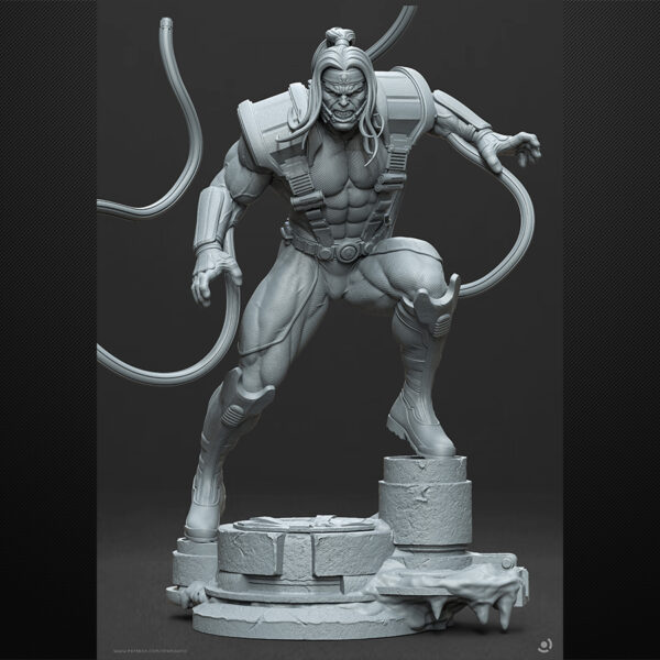 Omega Red unpainted resin figure with extended coils on an industrial-style base.