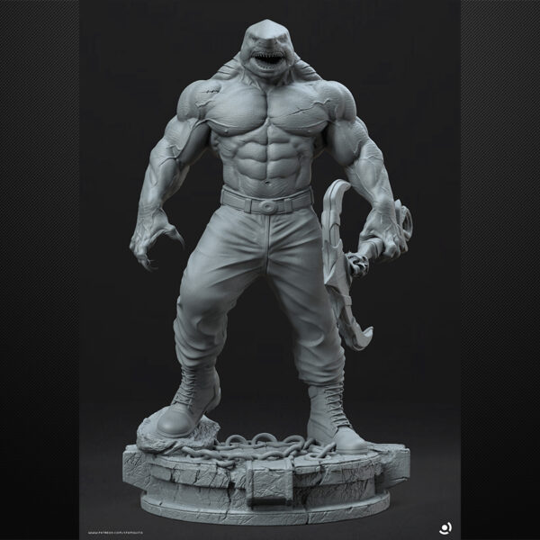 King Shark unpainted resin figure with muscular build, scars, and wide-open jaws.