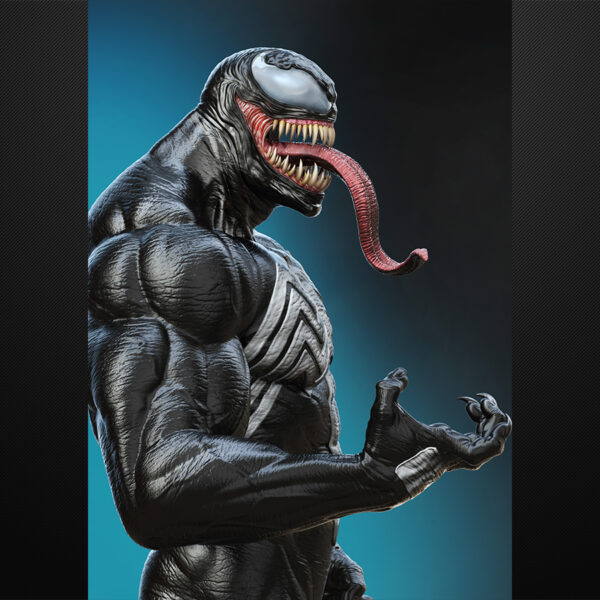 Venom 1/6 scale figure resin print by Stalyn Quito standing on an urban sewer display base with debris and slime details