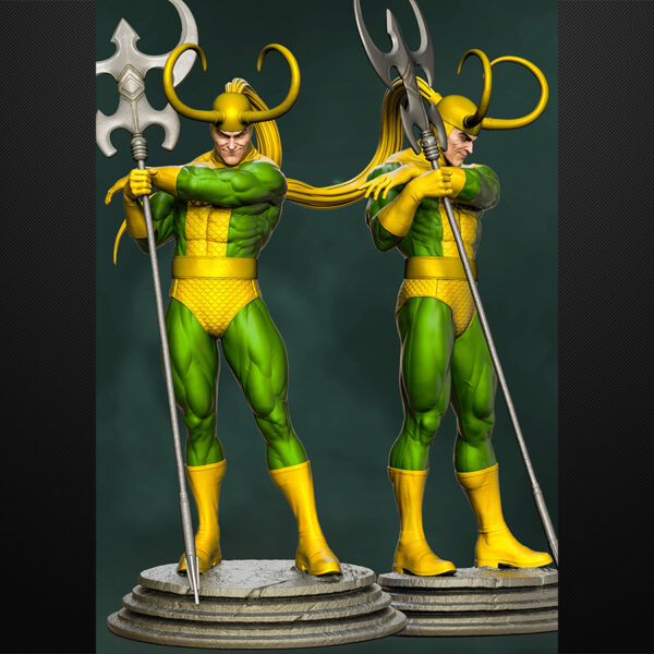 Loki 1/6 scale resin figure printed by HLI3DFX, sculpted by Stalyn Quito, wearing a horned helmet and holding a long staff in a classic villain stance on a round display base