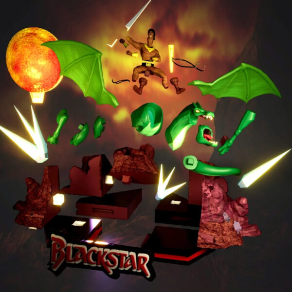 Blackstar diorama resin print by HLI3DFX from UEL Winner design, featuring rider on flying dragon over a rocky display base with logo sign, approx. 11.5 inches tall