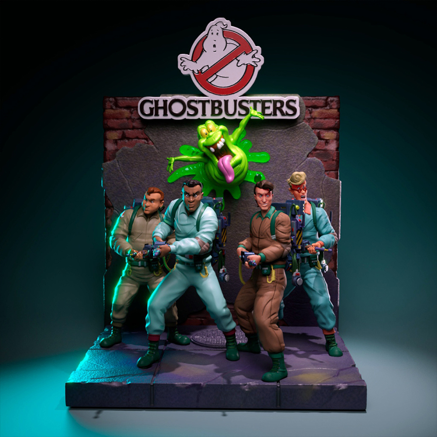 UEL Winner The Real Ghostbusters full diorama resin print with four figures, slime effects, brick wall backdrop, and logo sign