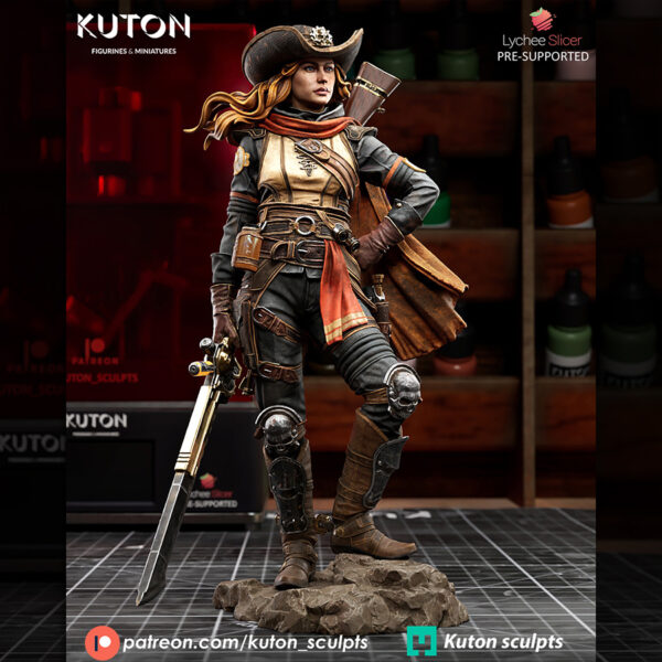 Crankshot 1/10 scale resin print by Kuton Sculpts, sci-fi gunslinger figure with hat and oversized blade.