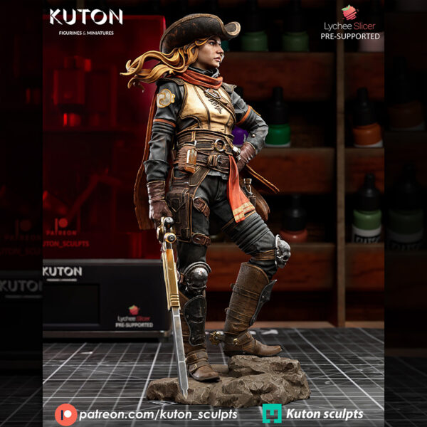 Crankshot 1/10 scale resin print by Kuton Sculpts, sci-fi gunslinger figure with hat and oversized blade.