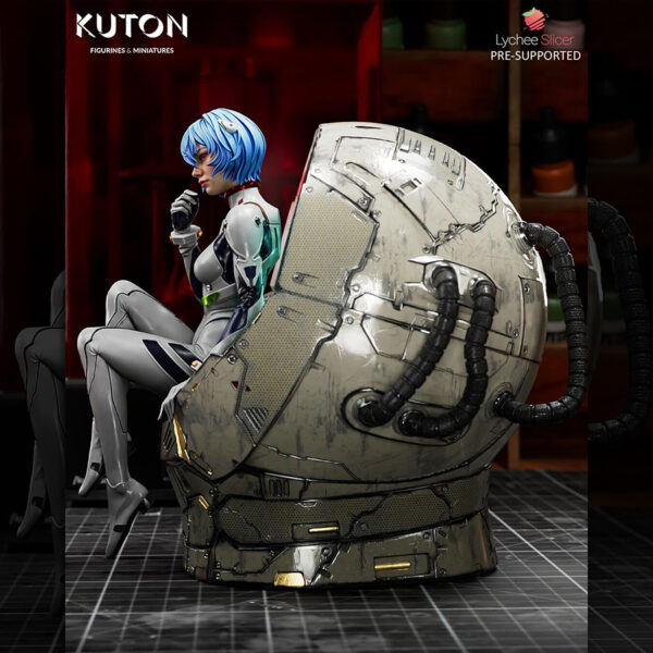 Rei Ayanami 1/10 scale resin print by Kuton Sculpts, seated figure with sci-fi pod base.