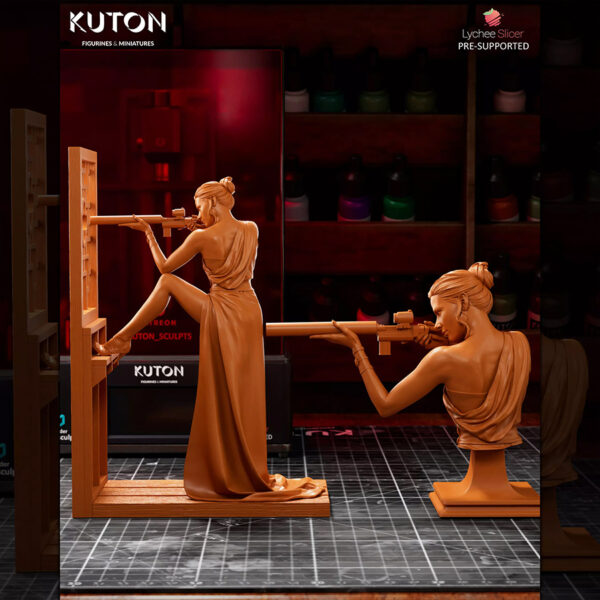 Ilsa Faust resin print by Kuton Sculpts in an elegant dress aiming a rifle, available as 1/10 scale figure or 1/9 scale bust