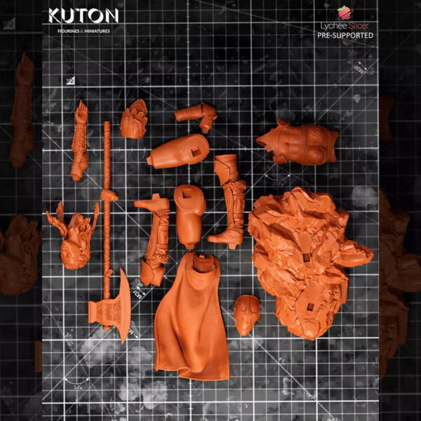 Eydis Thorne resin print by Kuton Sculpts with fantasy armor, cape, and battle axe on a rocky base