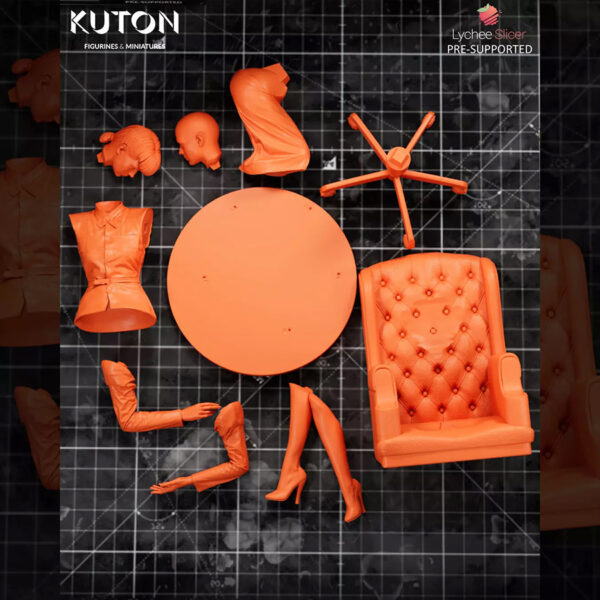 Rachael inspired by Blade Runner resin print by Kuton Sculpts seated in an office chair, available as 1/10 scale figure or 1/9 scale bust