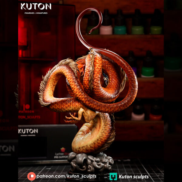 Ember Rider resin print by Kuton Sculpts, 1/9 scale fantasy dragon and rider statue on a rocky base