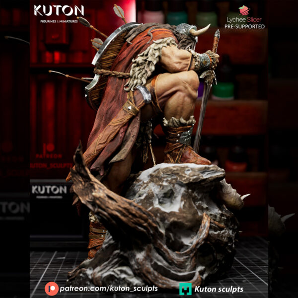 Draven by Kuton Sculpts, 1/10 scale resin print warrior crouched on a rocky base with sword, cloak, and ram skull trophy