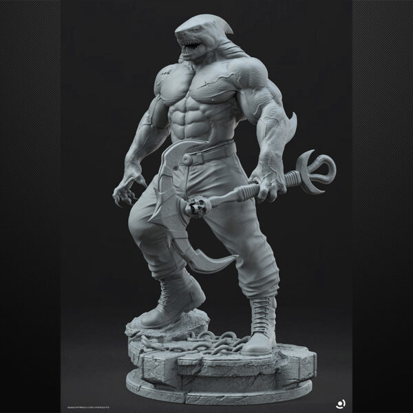 King Shark unpainted resin figure with muscular build, scars, and wide-open jaws.