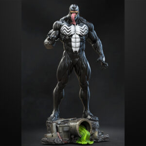 Venom 1/6 scale figure resin print by Stalyn Quito standing on an urban sewer display base with debris and slime details