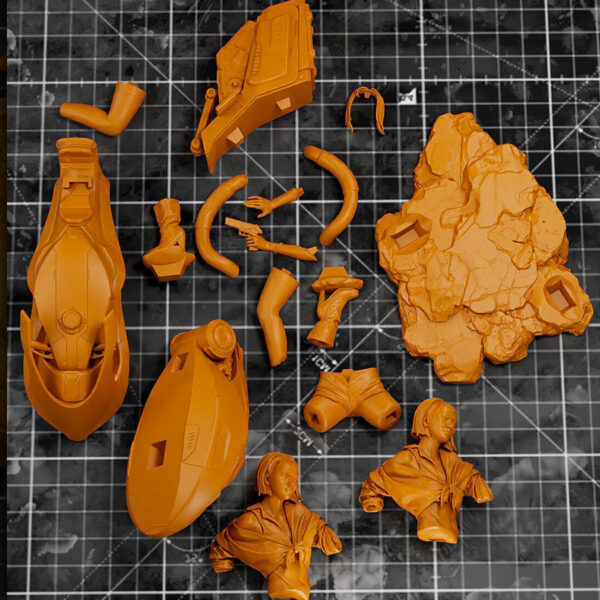 Faye Valentine 1/10 scale resin print by Kuton Sculpts, seated on sci-fi motorcycle base.