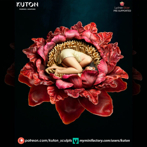 Himlay 1/10 scale resin print by Kuton Sculpts, sleeping figure curled inside a large flower.