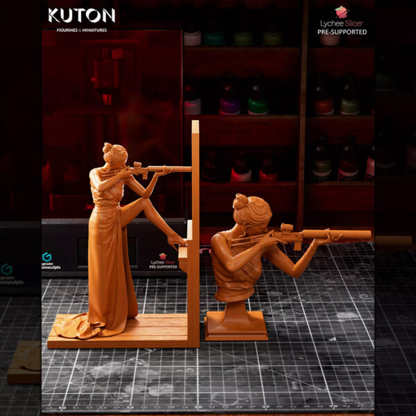 Ilsa Faust resin print by Kuton Sculpts in an elegant dress aiming a rifle, available as 1/10 scale figure or 1/9 scale bust