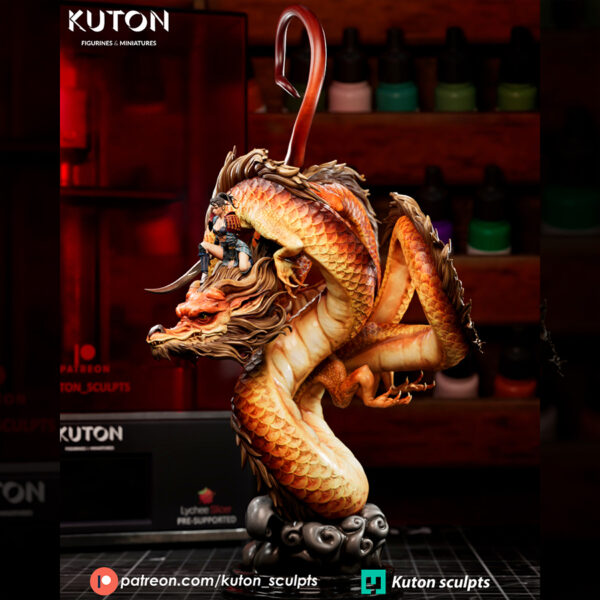 Ember Rider resin print by Kuton Sculpts, 1/9 scale fantasy dragon and rider statue on a rocky base