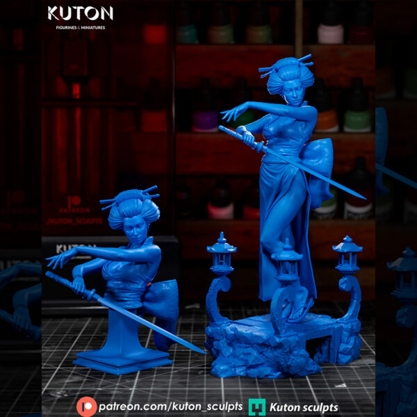 Hoshiko 3D printed resin figure by Kuton Sculpts posed with a katana on a decorative base