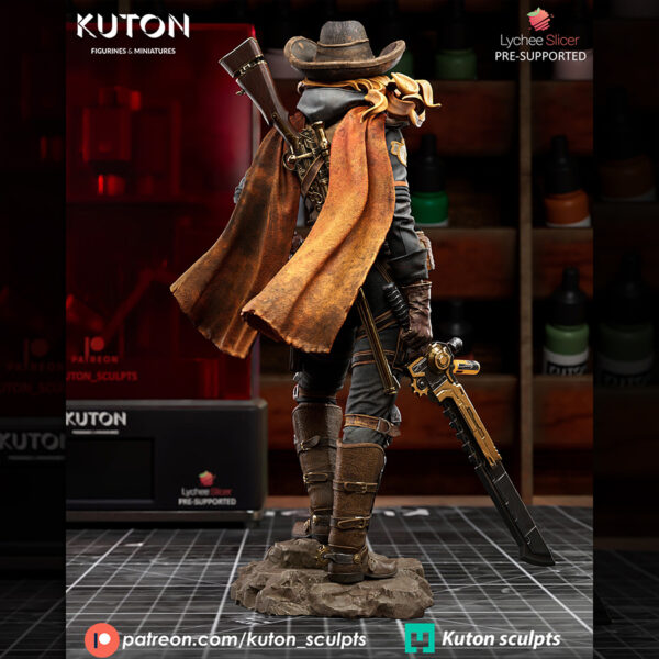 Crankshot 1/10 scale resin print by Kuton Sculpts, sci-fi gunslinger figure with hat and oversized blade.