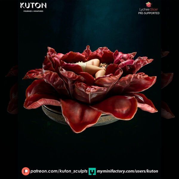 Himlay 1/10 scale resin print by Kuton Sculpts, sleeping figure curled inside a large flower.
