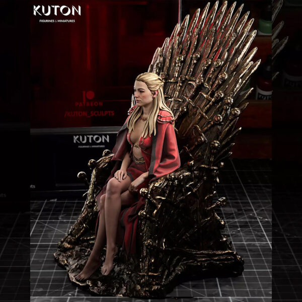 Rhaenyra resin print by Kuton Sculpts seated on an ornate throne, available as a 1/10 scale vignette or 1/9 scale bust
