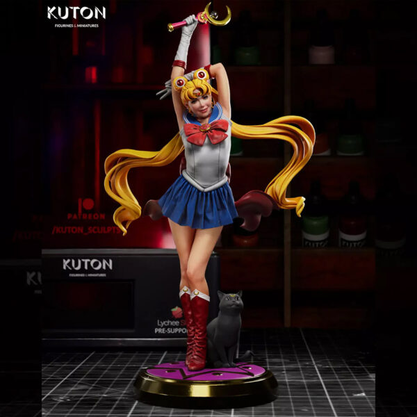 Sailor Moon resin print by Kuton Sculpts with flowing twin-tails and wand pose, available as 1/10 scale figure or 1/9 scale bust