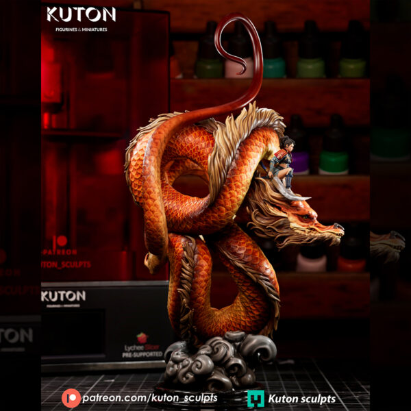 Ember Rider resin print by Kuton Sculpts, 1/9 scale fantasy dragon and rider statue on a rocky base