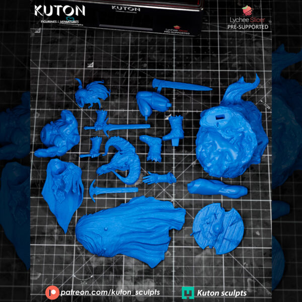 Draven by Kuton Sculpts, 1/10 scale resin print warrior crouched on a rocky base with sword, cloak, and ram skull trophy