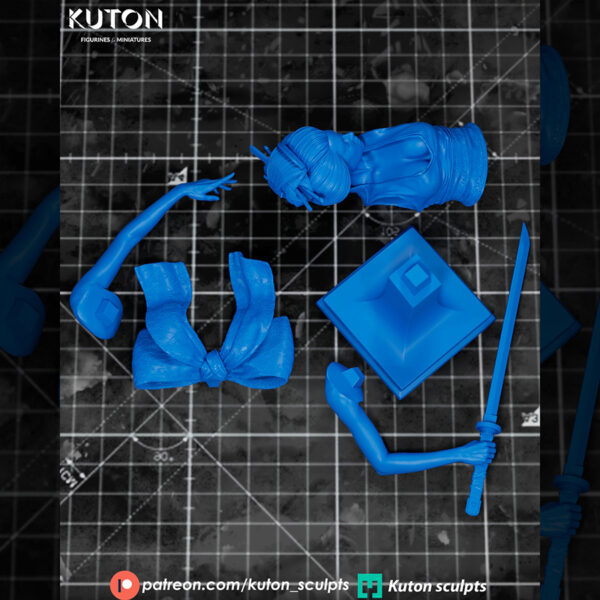 Hoshiko 3D printed resin figure by Kuton Sculpts posed with a katana on a decorative base